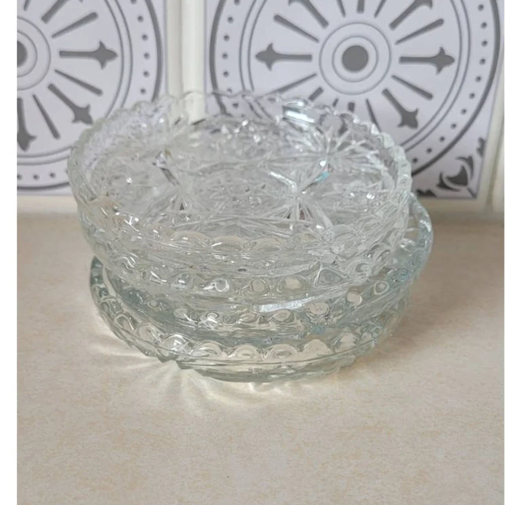 Set of 4 Pressed Vintage Anchor Hocking Prescut Clear Glass Ashtrays or Coasters